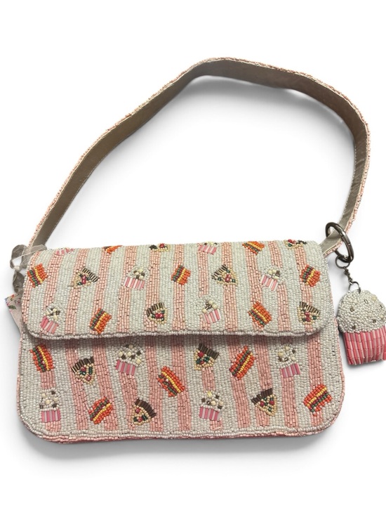 Hand Crafted Handbags - Beaded Pink Cupcake Pizza Burger Crossbody Bag with Charm